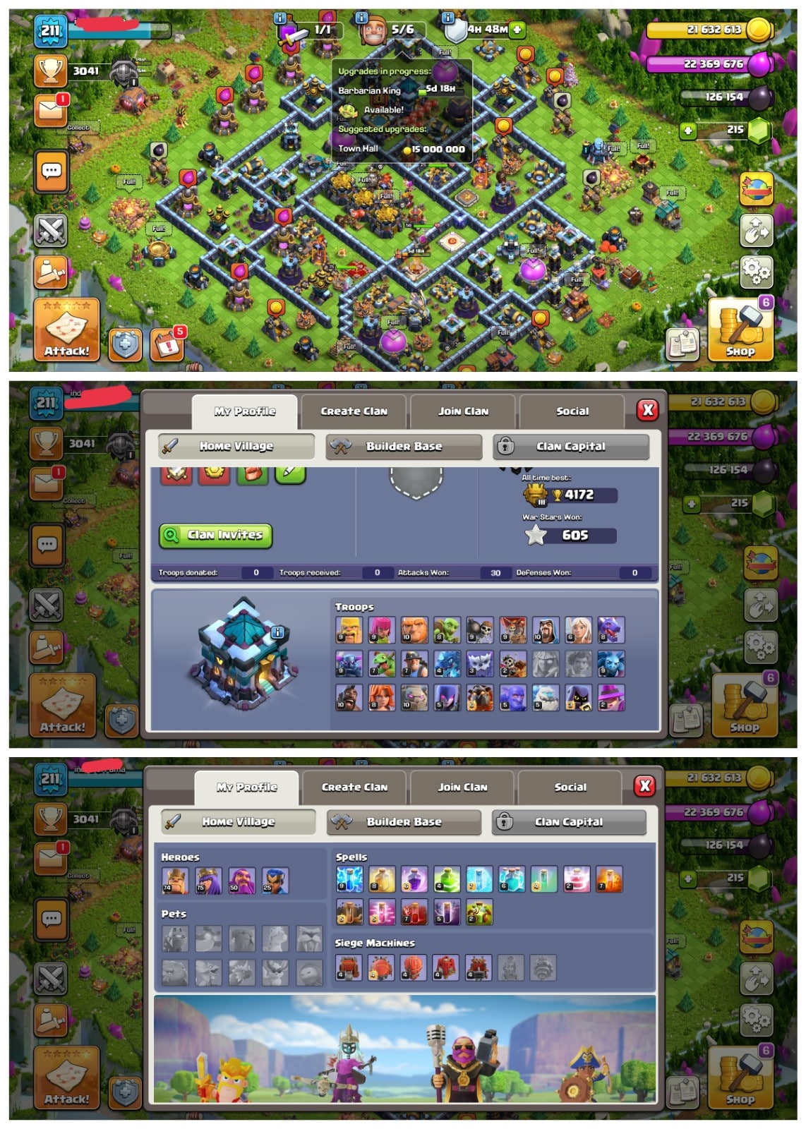 Mobile - Clash of Clans Account mit TH13 voll max + Lvl XP 211 + BK 74 + AQ 75 + GW 50 + RC 25