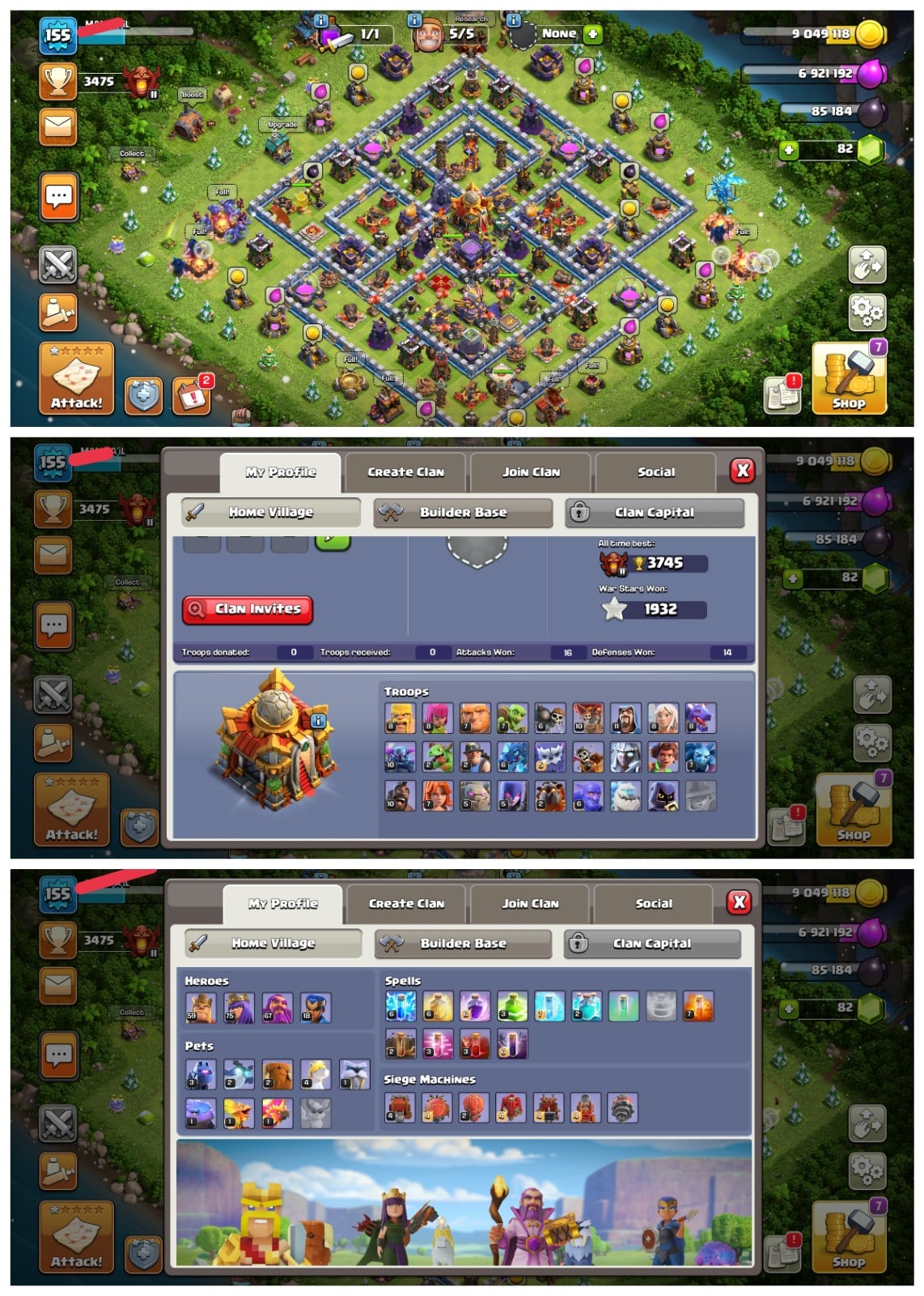 Mobile - Clash of Clans Account mit TH16 + Lvl XP 155 + BK 59 + AQ 75 + GW 67 + RC 18