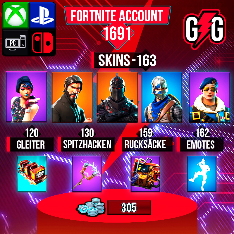 Fortnite Konto mit Skins, Gleiter und Emotes.