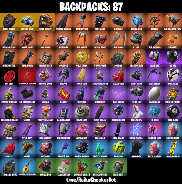 List of 87 gaming backpacks with their names.