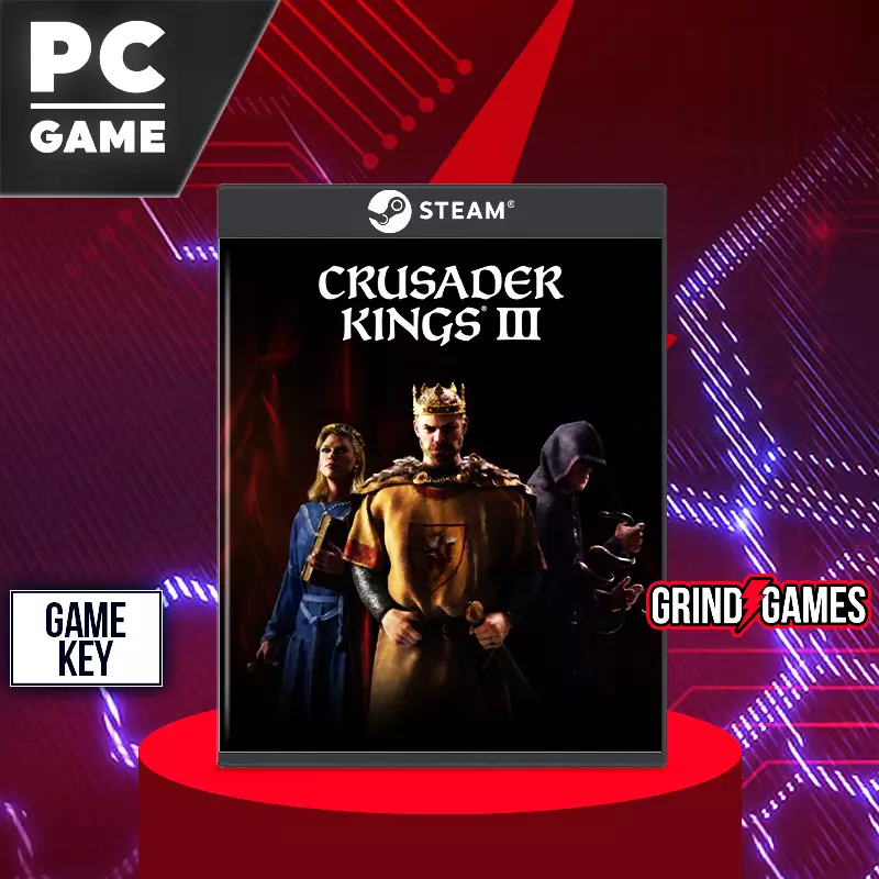 Crusader Kings III PC-Spielverpackung auf rotem Hintergrund.