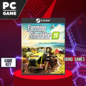 Farming Simulator 25 PC game cover on a red background.