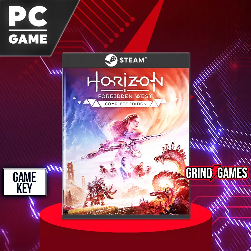 Horizon Forbidden West PC-Spielcover mit roten Hintergrund.