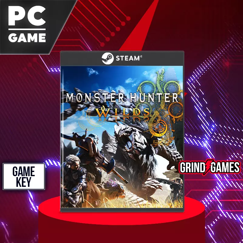 Monster Hunter Wilds PC-Spiel Verpackung auf rotem Podest.