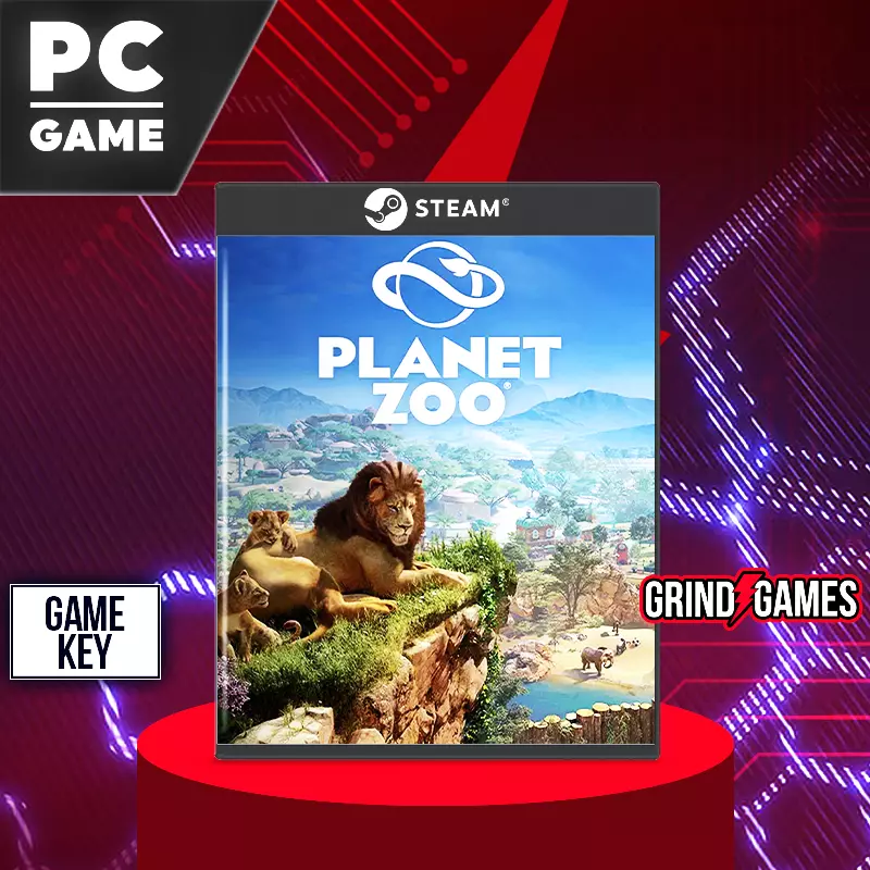 Planet Zoo PC-Spiel Cover mit Löwenmotiv