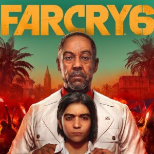 Far Cry 6 game cover, two figures, palm trees in the background.