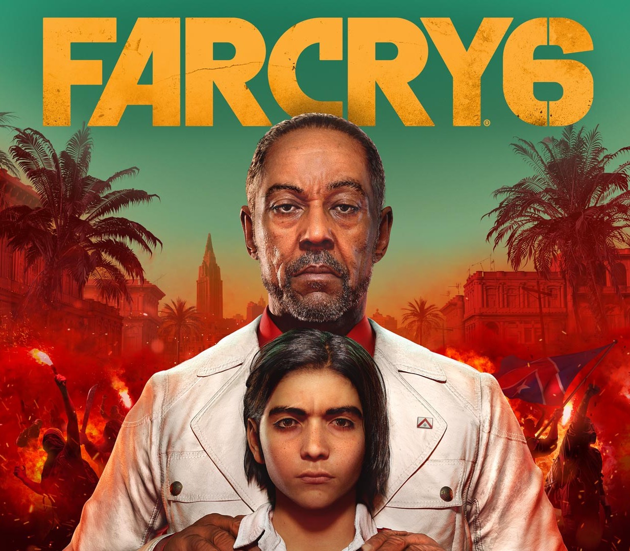 Far Cry 6 Spielcover, zwei Figuren, Palmen im Hintergrund.