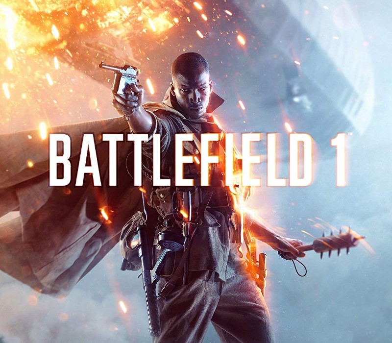 Battlefield 1 Videospielcover mit Soldat, Feuer im Hintergrund.