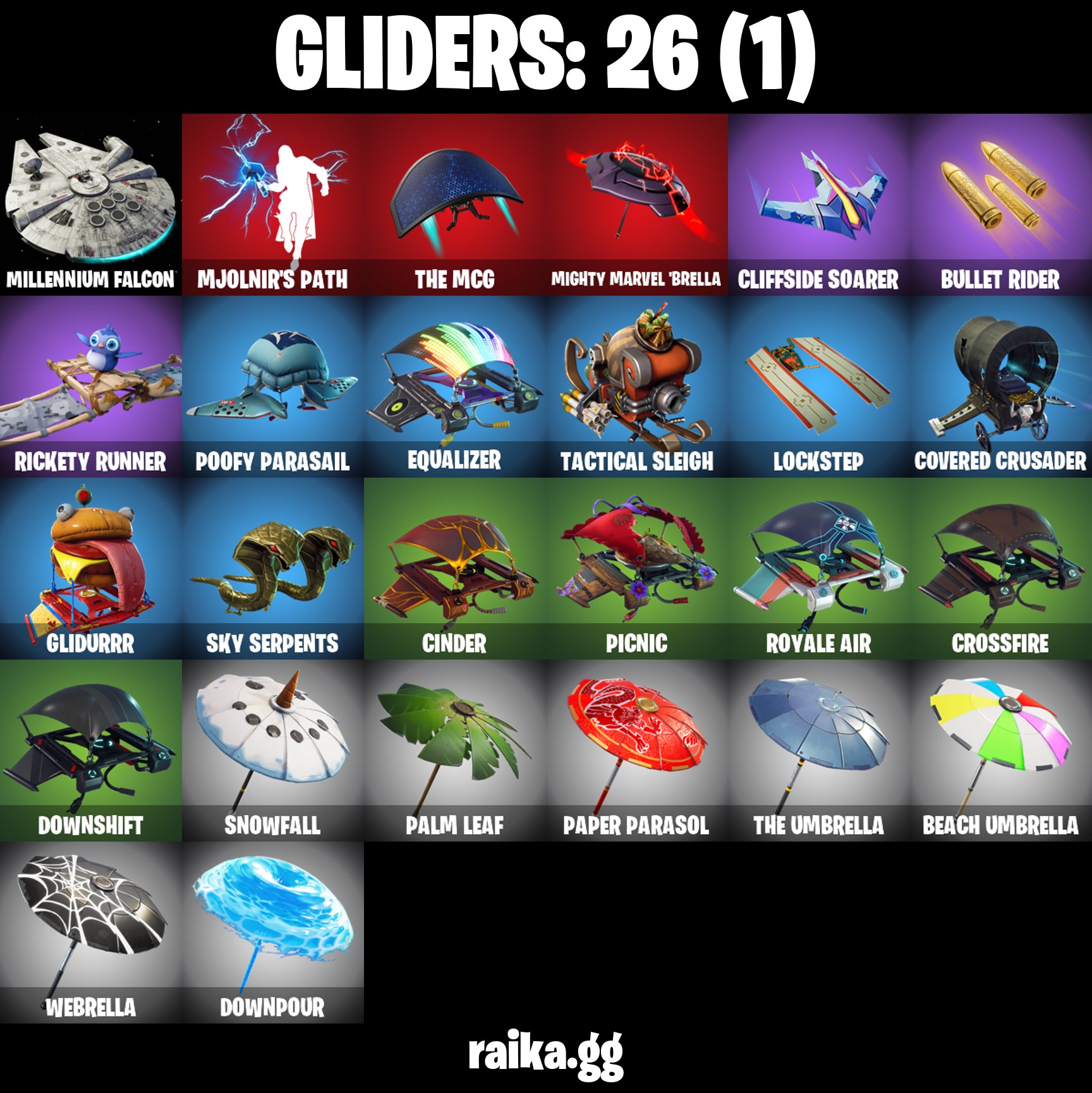 Übersicht von 26 Fortnite-Gleitern, verschiedene Designs.