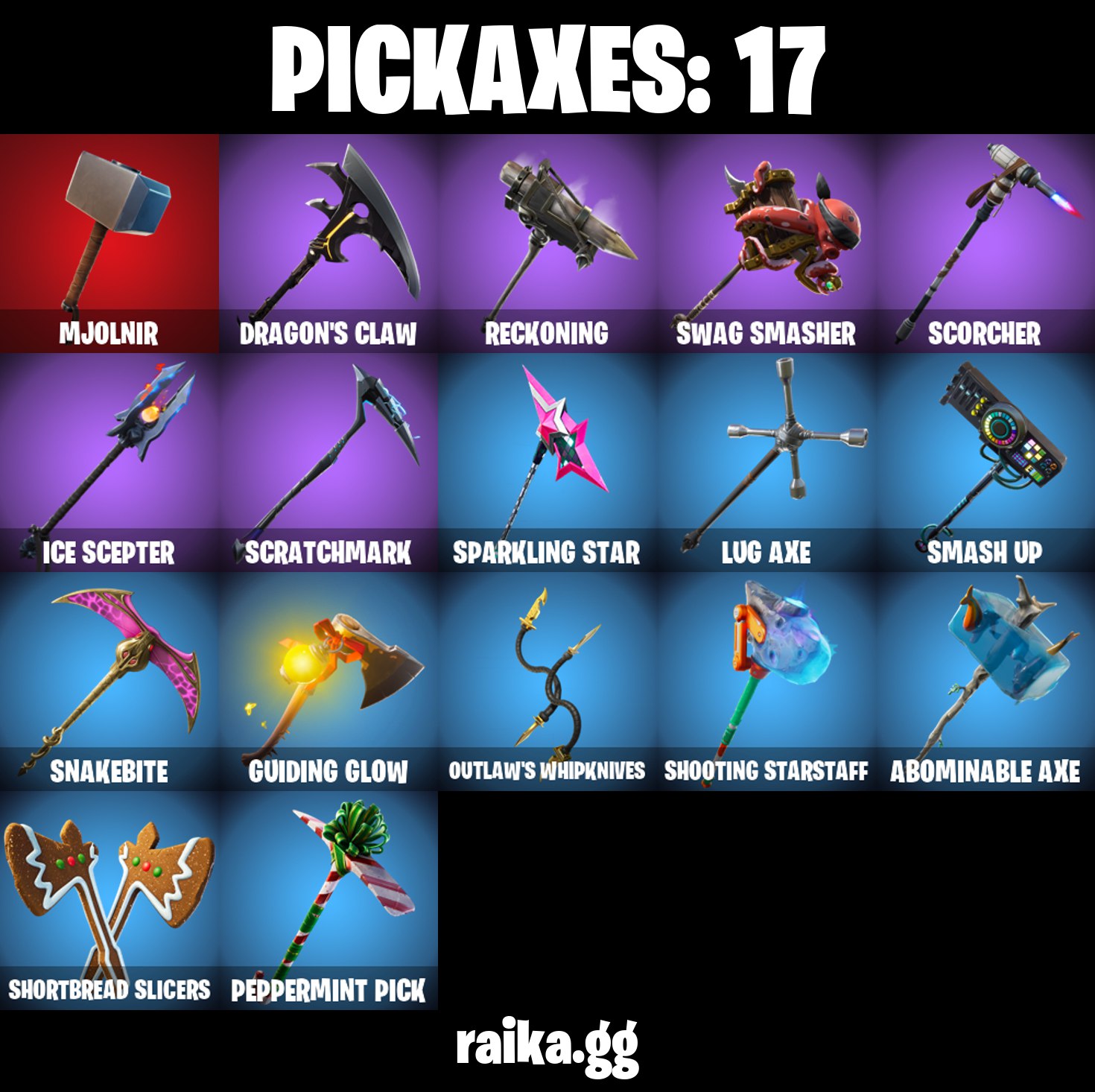 17 Fortnite Spitzhacken mit verschiedenen Designs und Namen.
