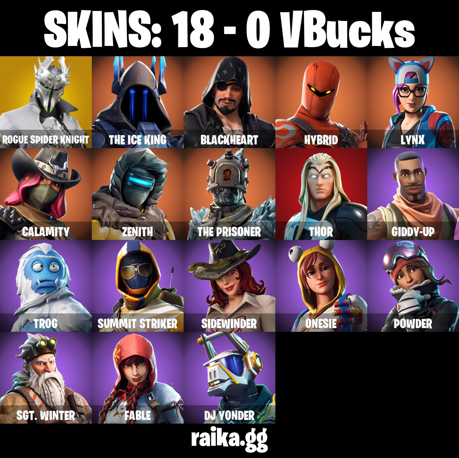 Fortnite Skins aufgelistet mit Superhelden und Abenteurern.