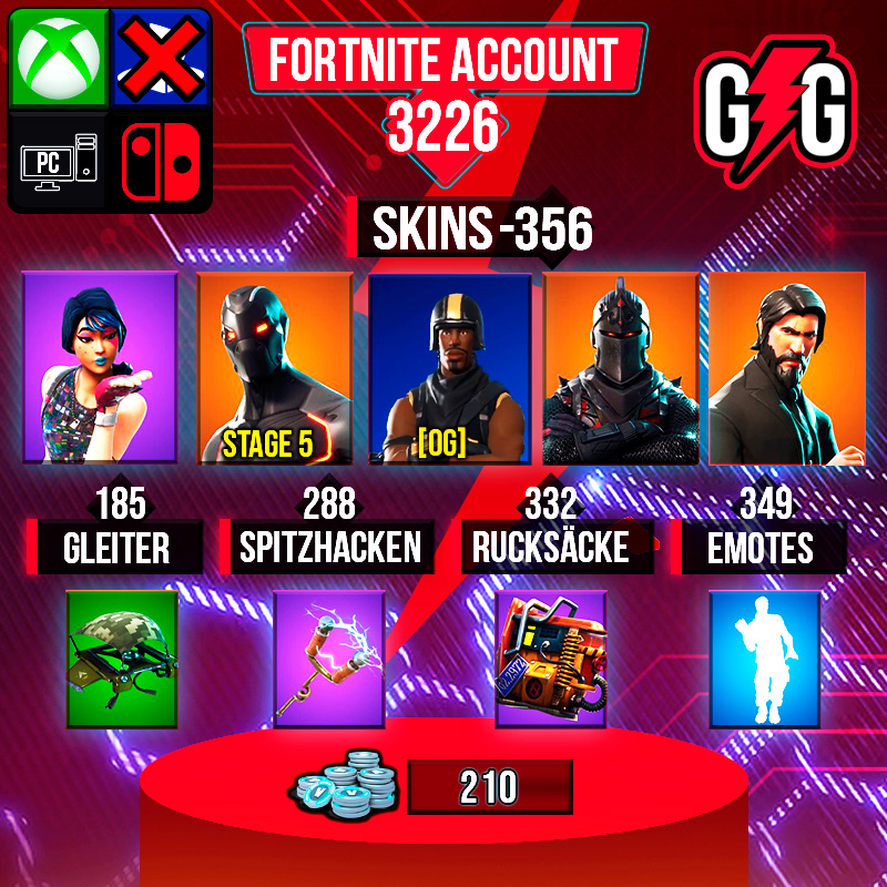 Fortnite-Account mit Skins, Emotes, Gleiter, Spitzhacken, Rucksäcke.