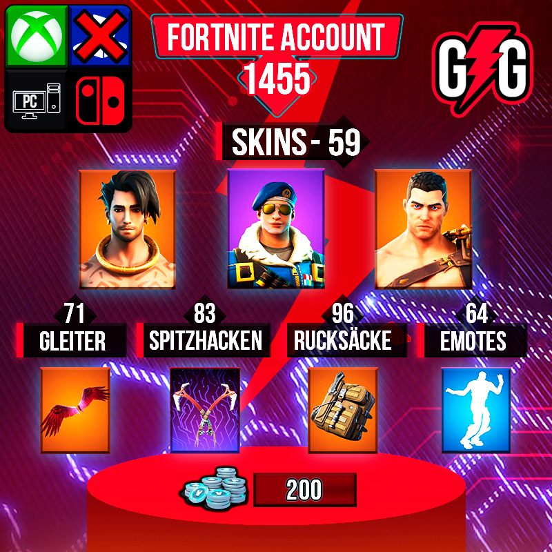 Fortnite-Konto mit 59 Skins, 71 Gleitern.