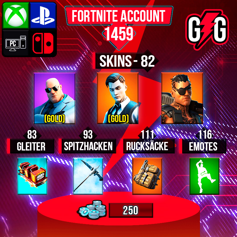 Fortnite Account mit Skins, Gleiter, Spitzhacken, Rucksäcke, Emotes.