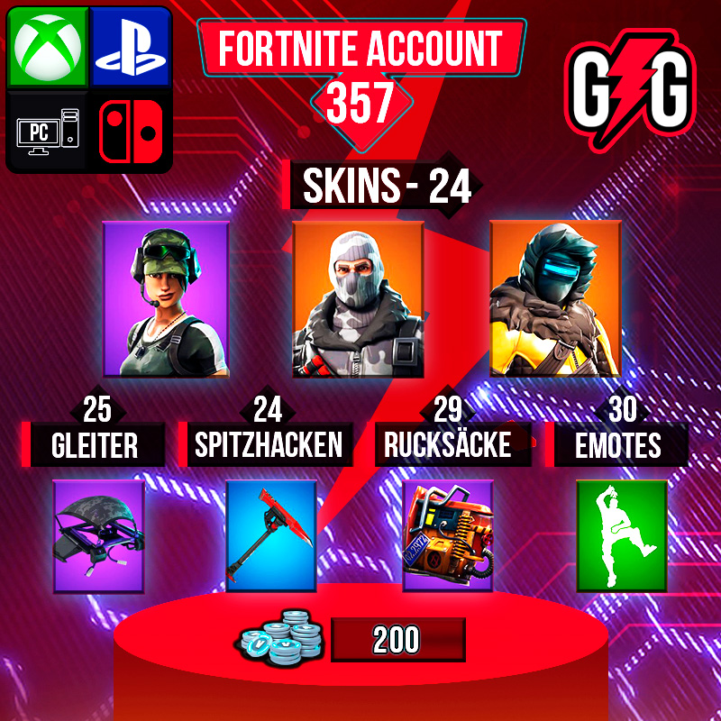 Fortnite-Konto mit Skins, Gleiter, Emotes und mehr.