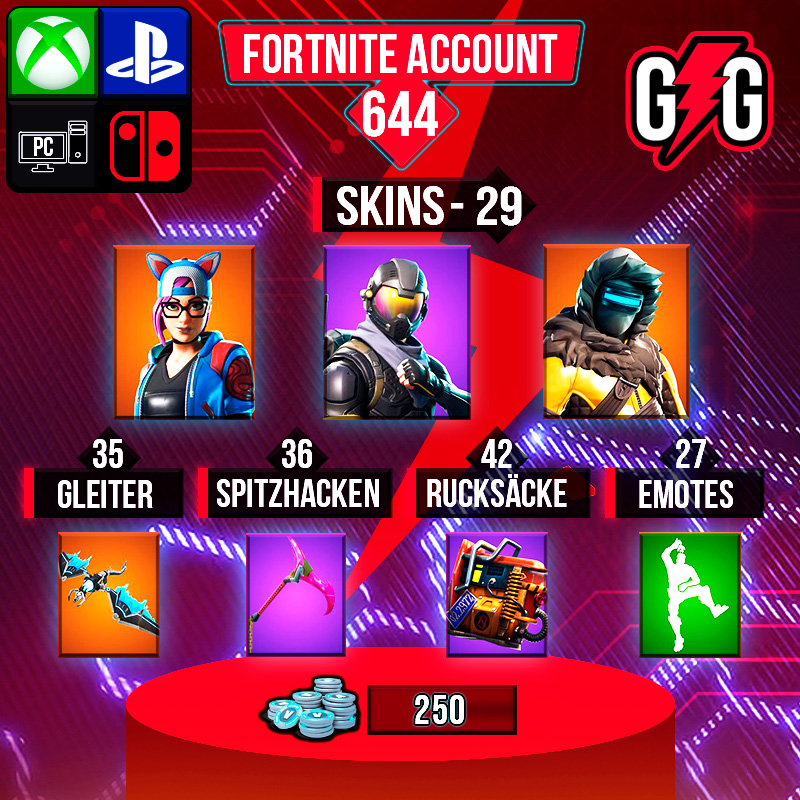 Fortnite Account mit Skins, Emotes, Gleiter, Spitzhacken.