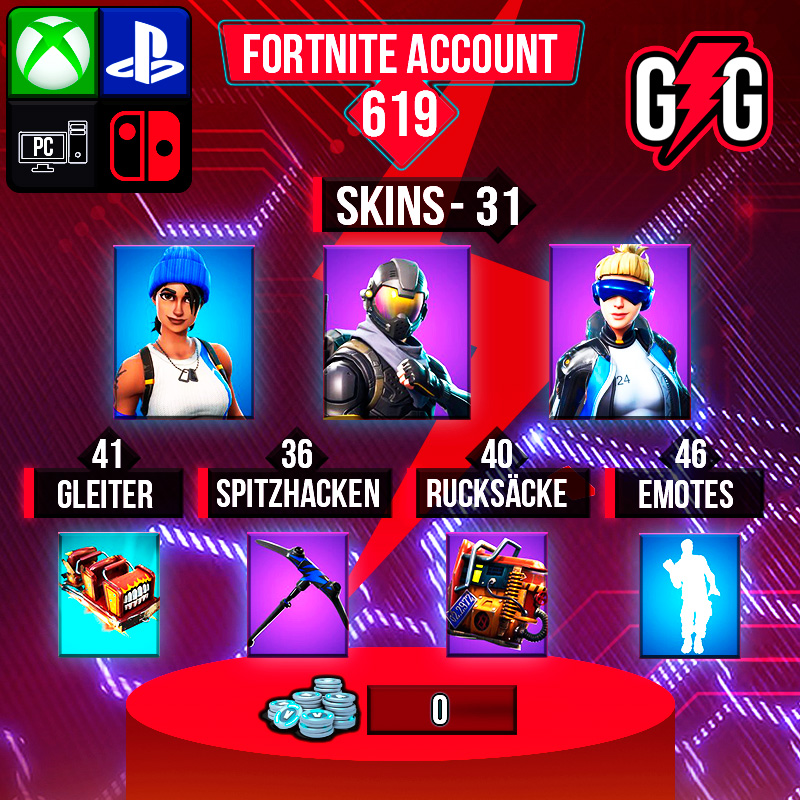 Fortnite-Konto mit 31 Skins, 46 Emotes verfügbar.