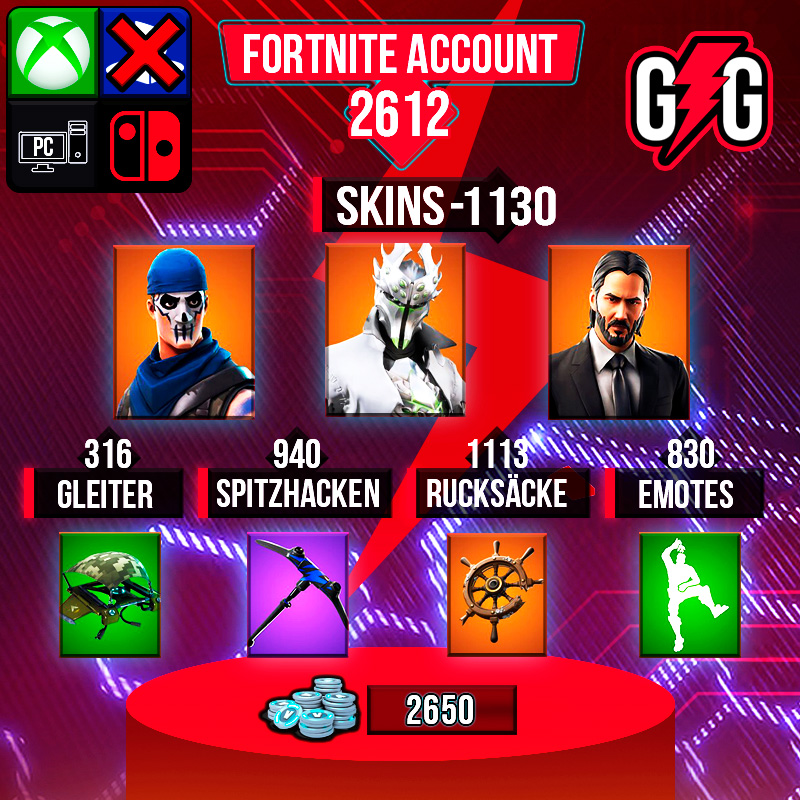 Fortnite-Konto mit Skins, Gleiter, Spitzhacken, Rucksäcke, Emotes.
