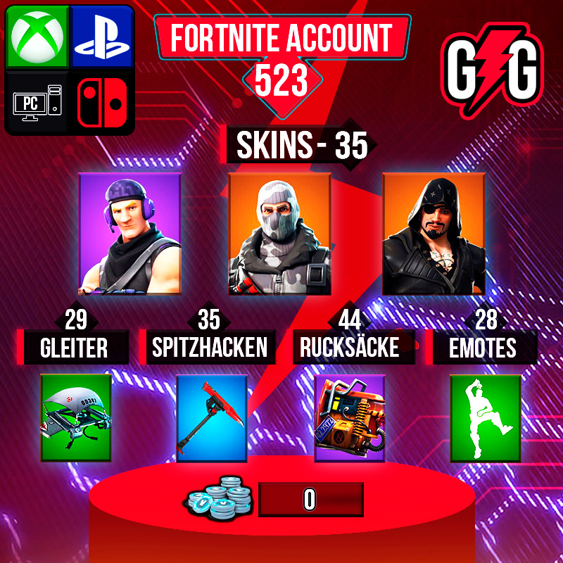 Fortnite Konto mit Skins, Gleiter und Emotes.