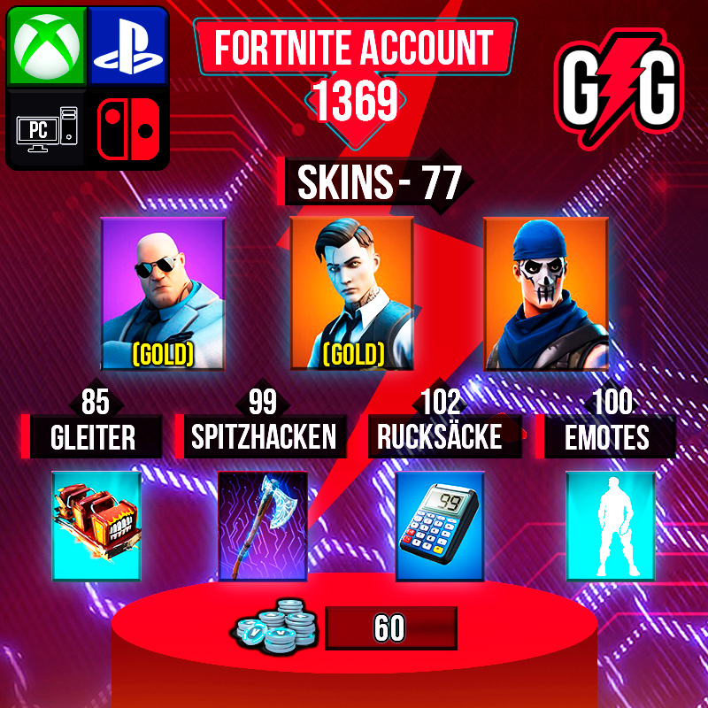 Fortnite-Konto mit Skins, Gleiter, Spitzhacken und Emotes.