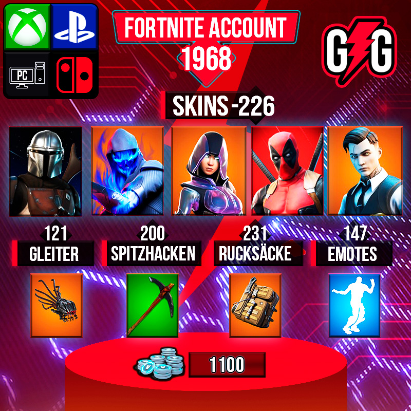Fortnite account with skins, gliders, pickaxes, backpacks, emotes.