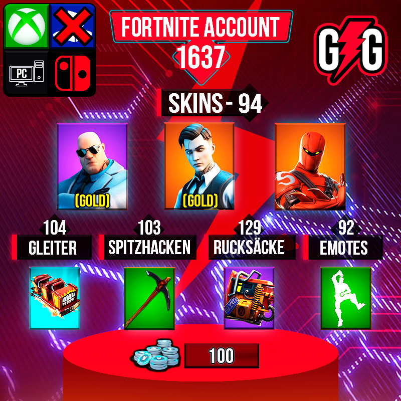 Fortnite Konto mit Skins, Gleiter, Spitzhacken und Emotes.