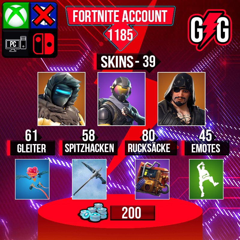 Fortnite account with skins, gliders, pickaxes, backpacks, emotes.