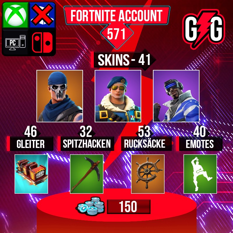 Fortnite-Konto mit Skins, Spitzhacken und Emotes.