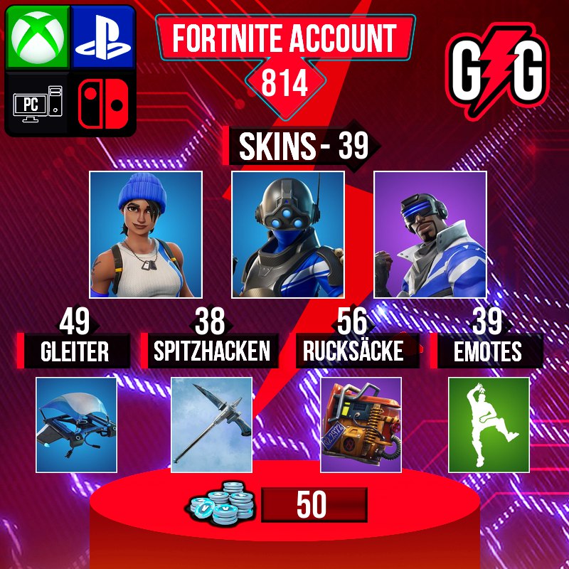 Fortnite-Account mit Skins, Gleitern, Rucksäcken und Emotes