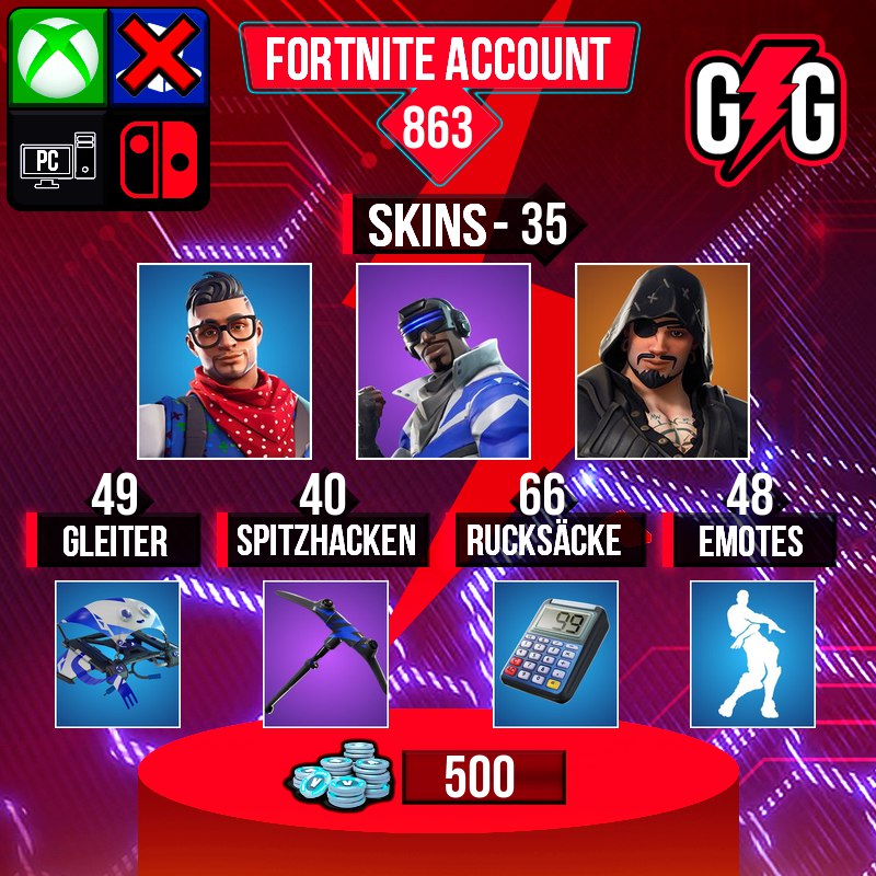 Fortnite-Konto mit Skins und Gegenständen, Anzeige in Deutsch.