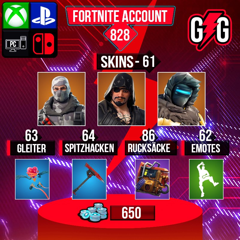 Fortnite-Account mit Skins, Gleitern, Spitzhacken, Rucksäcken, Emotes