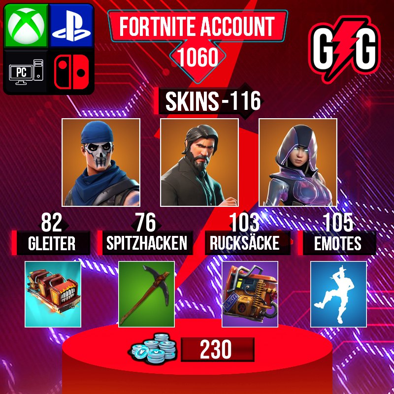 Fortnite Konto mit Skins, Gleiter, Spitzhacken und Emotes.