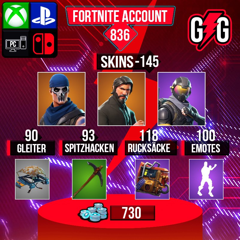 Fortnite-Account mit 145 Skins und 836 Level.