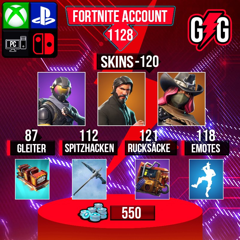 Fortnite-Konto Details: Skins, Spitzhacken, Emotes und mehr.