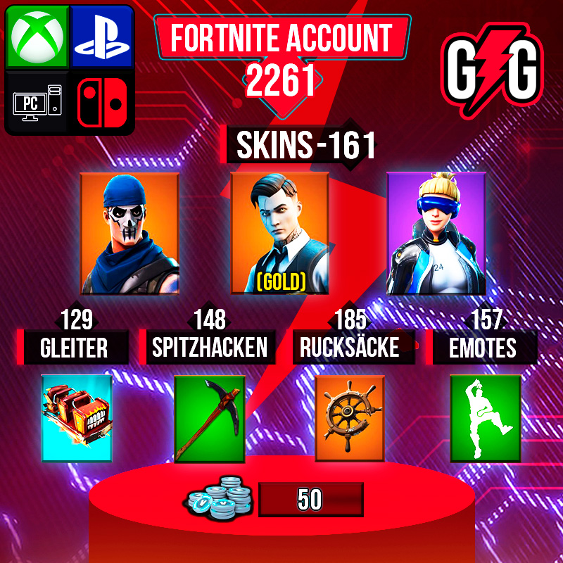 Fortnite-Konto mit Skins, Gleiter, Spitzhacken, Rucksäcken, Emotes.