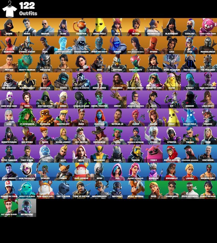 Resumen de skins – Fortnite OG Account – 122 Skins | IKONIK | Midas | Brutus