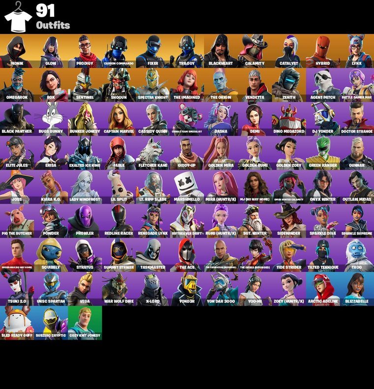 Resumen de skins – Fortnite OG Account – 91 Skins | IKONIK | Glow | Prodigy