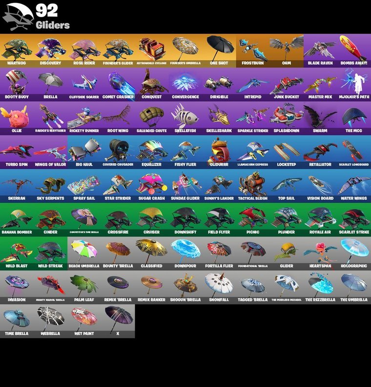 Gliders overview – Fortnite OG Account – 120 Skins | Galaxy | Omega | Rose Team Leader