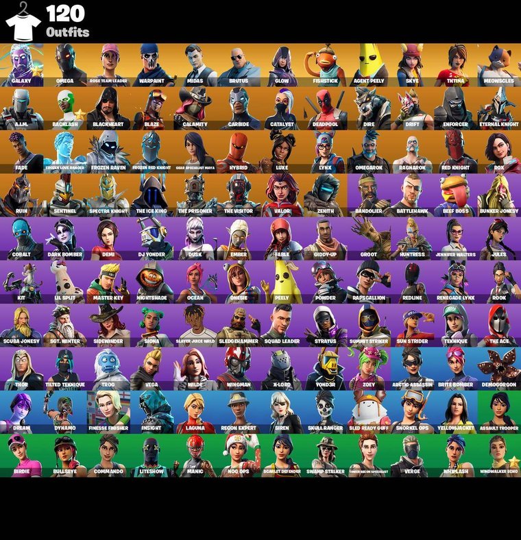 Skins overview – Fortnite OG Account – 120 Skins | Galaxy | Omega | Rose Team Leader