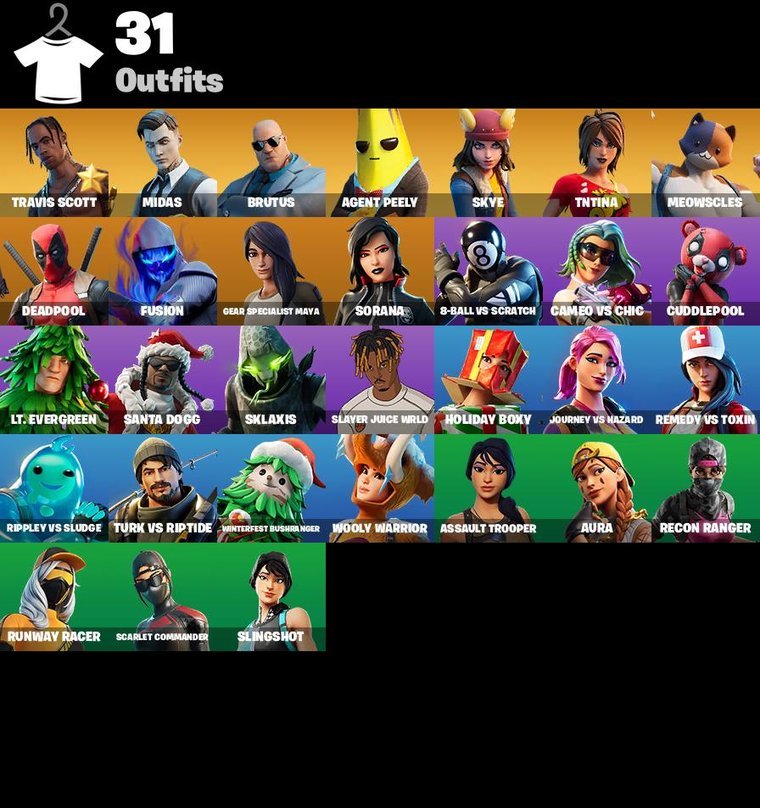 Panoramica delle skin – Fortnite OG Account – 31 Skins | Travis Scott | Midas | Brutus