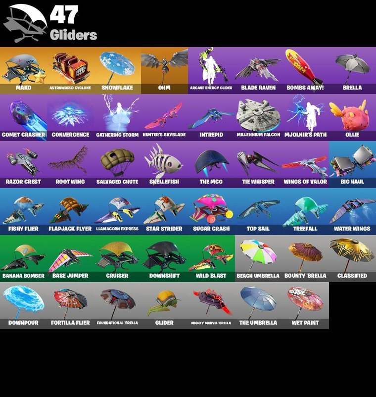 Gliders overview – Fortnite OG Account – 40 Skins | Omega | Midas | Brutus