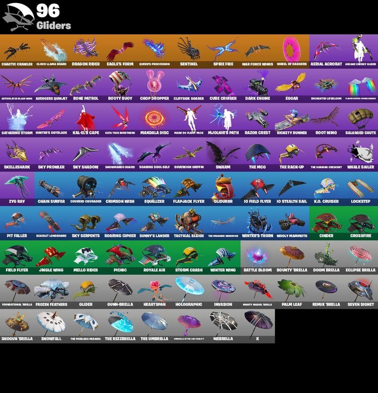 Gliders overview – Fortnite OG Account – 110 Skins | IKONIK | A.I.M. | Ark