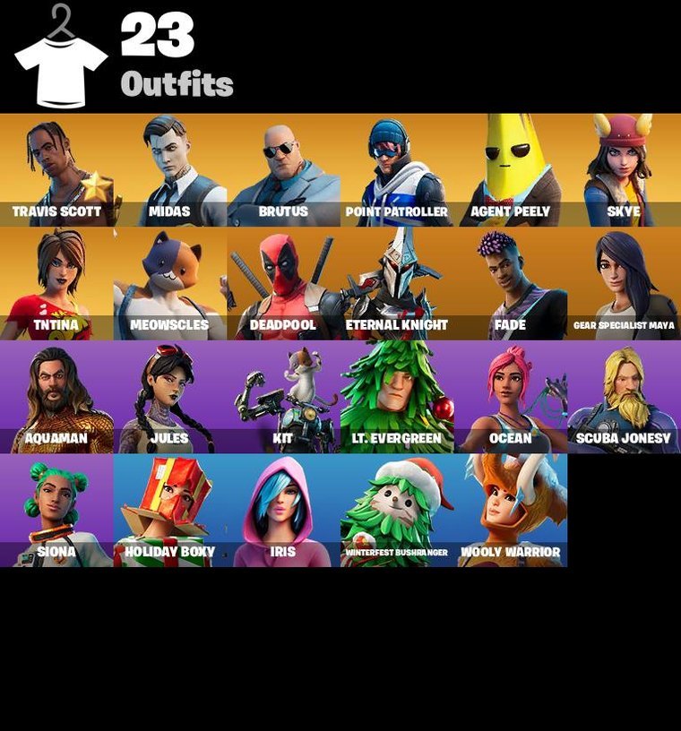 Resumen de skins – Fortnite OG Account – 23 Skins | Travis Scott | Midas | Brutus