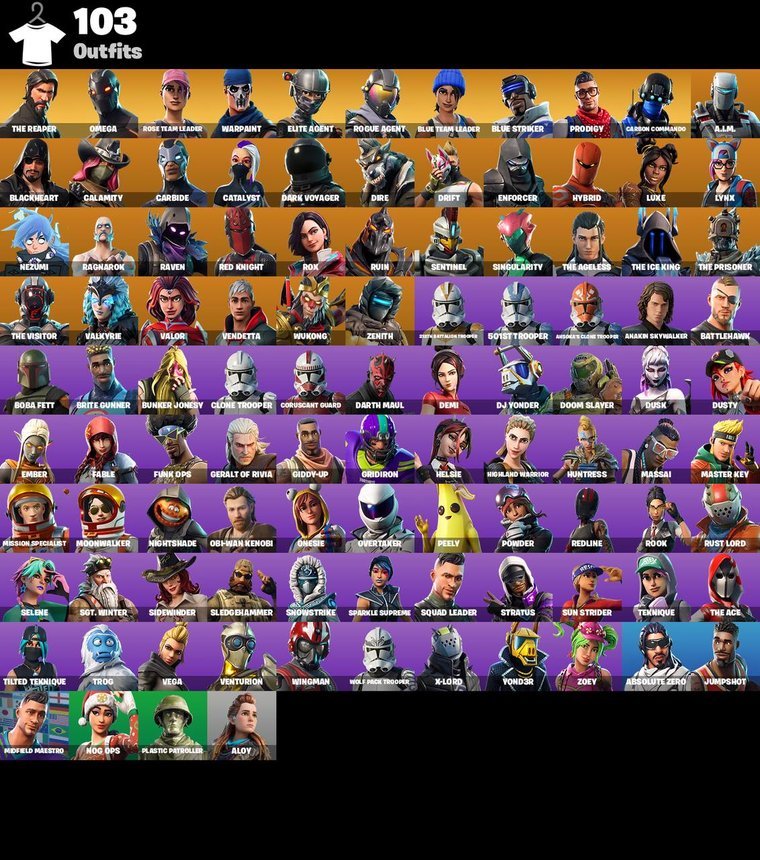 Visão geral das skins – Conta Fortnite OG – 103 skins | The Reaper | Omega | Rose Team Leader