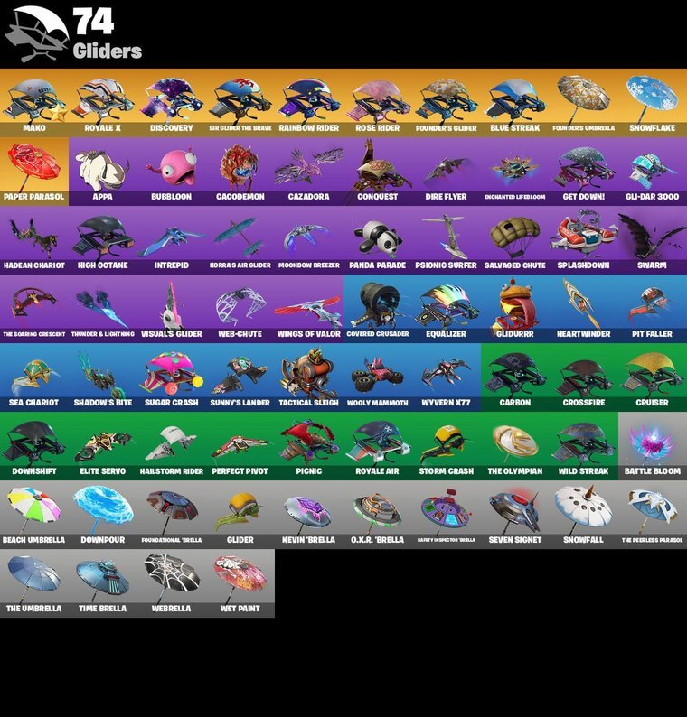 Gliders overview – Fortnite OG Account – 68 Skins | Galaxy | Blue Squire | The Reaper