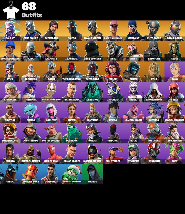 Skins overview – Fortnite OG Account – 68 Skins | Galaxy | Blue Squire | The Reaper