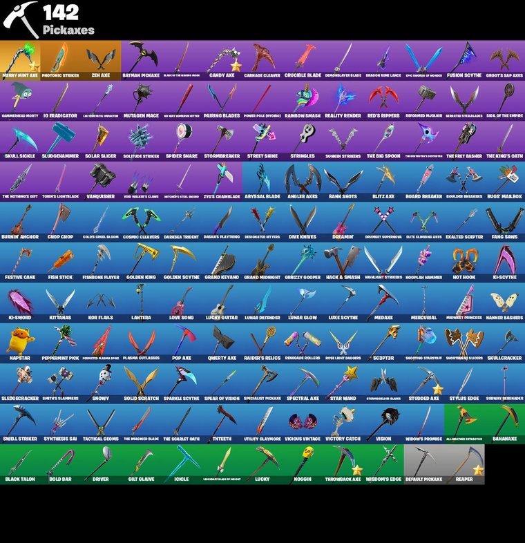 Pickaxes overview – Fortnite OG Account – 143 Skins | Wonder | IKONIK | Midas