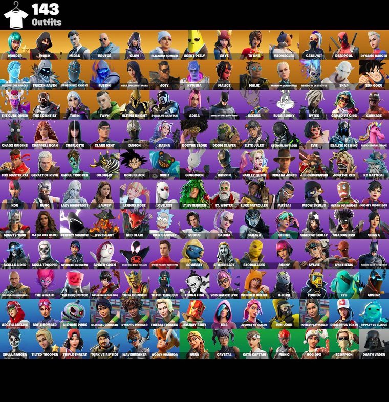 Skins overview – Fortnite OG Account – 143 Skins | Wonder | IKONIK | Midas