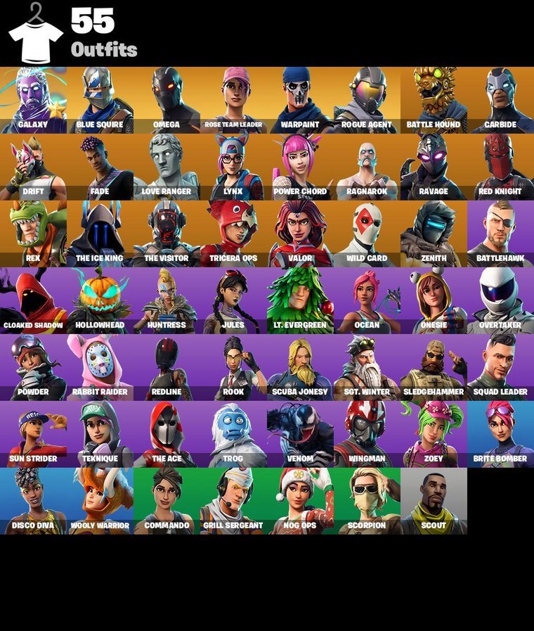 Resumen de skins – Fortnite OG Account – 55 Skins | Galaxy | Blue Squire | Omega