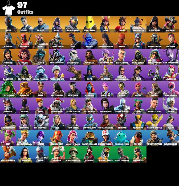 Visão geral das skins – Conta Fortnite OG – 97 skins | Omega | Midas | Brutus